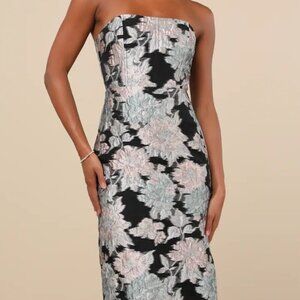 Lulus Strapless Jacquard Floral Dress in Black, Blush & Sage Size small